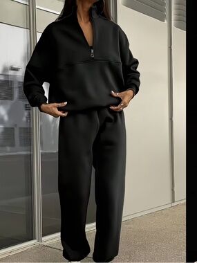 2 Piece set!! Black Half-Zip Pullover Sweatshirt and Pants set